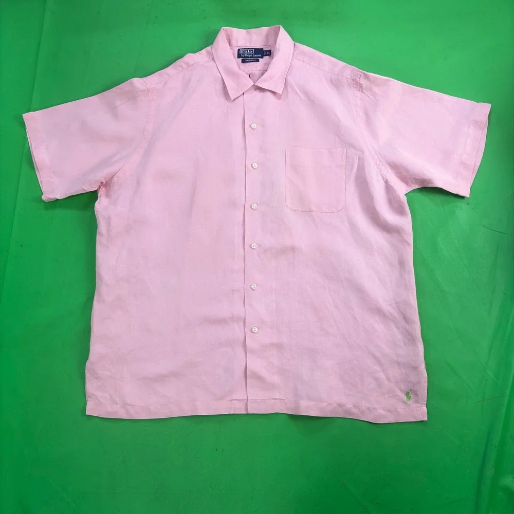 VTG 90s Caldwell Polo Ralph Lauren Mens XL/2X Pink Linen/Silk Camp Collar Pony